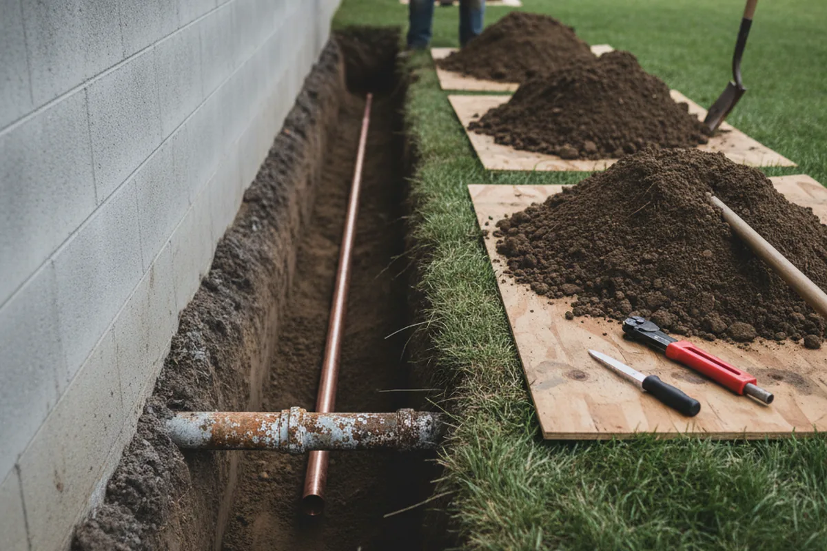 Excavated water line trench during Sewer Line Repair in Mount Kisco